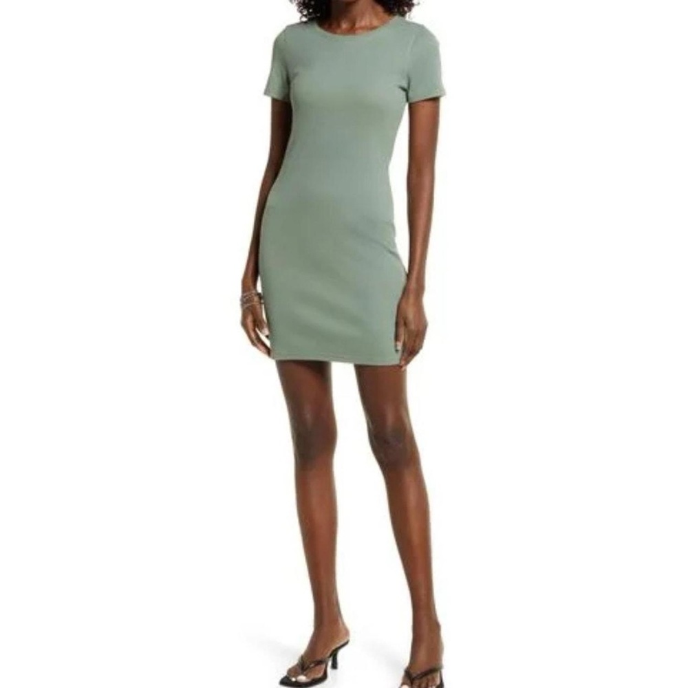 Open Edit Green Agave Ribbed T-Shirt Dress; size Medium